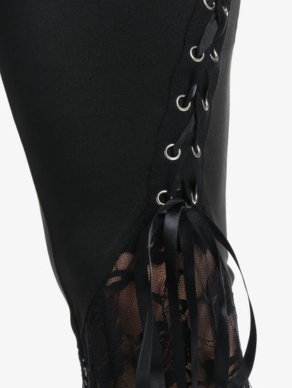Plus Size Womens Pull On Flare Pants Gothic High Waist Overlength Lace Panel With Lace-up Pleated Trousers Skinny Pants