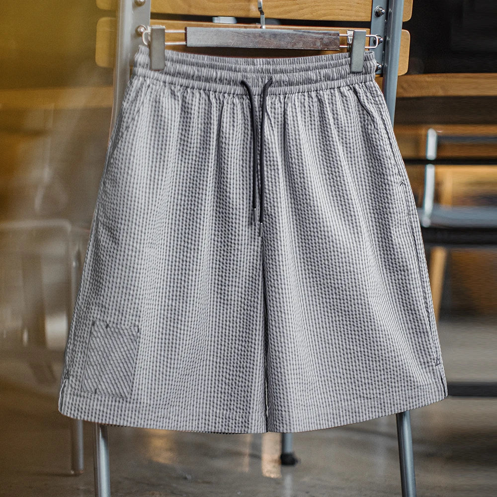 Casual Seersucker Checked Shorts Men's Summer Breathable Office Shorts Elastic Waist Pants Straight Leg Comfortable Bottom