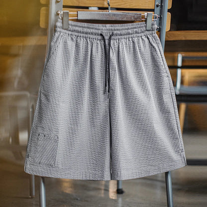 Casual Seersucker Checked Shorts Men's Summer Breathable Office Shorts Elastic Waist Pants Straight Leg Comfortable Bottom