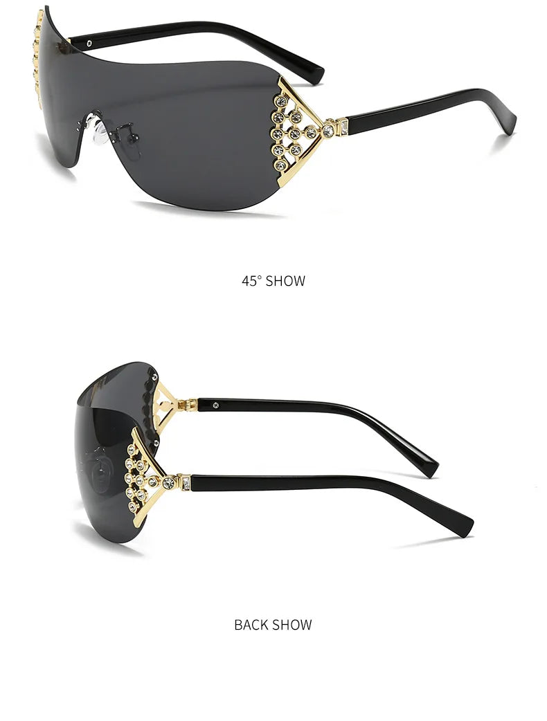 2025 New Ins Diamond Sunglasses Women One-piece Lenses Fan-shaped Sun Glasses Ladies Y2K Trendy Rimless Alloy Legs Punk UV400