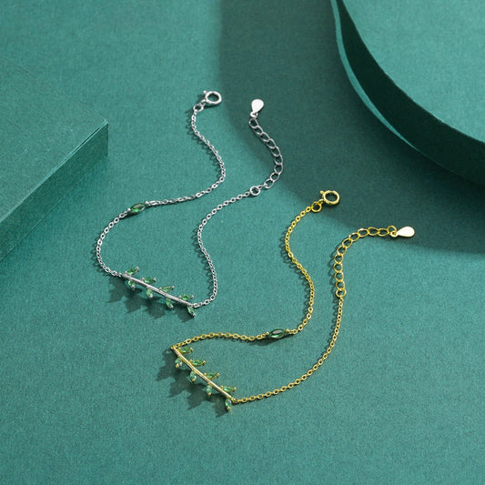 Bracelet ajustable à maillons en Argent Sterling 925 avec Feuille Verte et Zirconia pour Femme, Bijou de Mariage Tendance