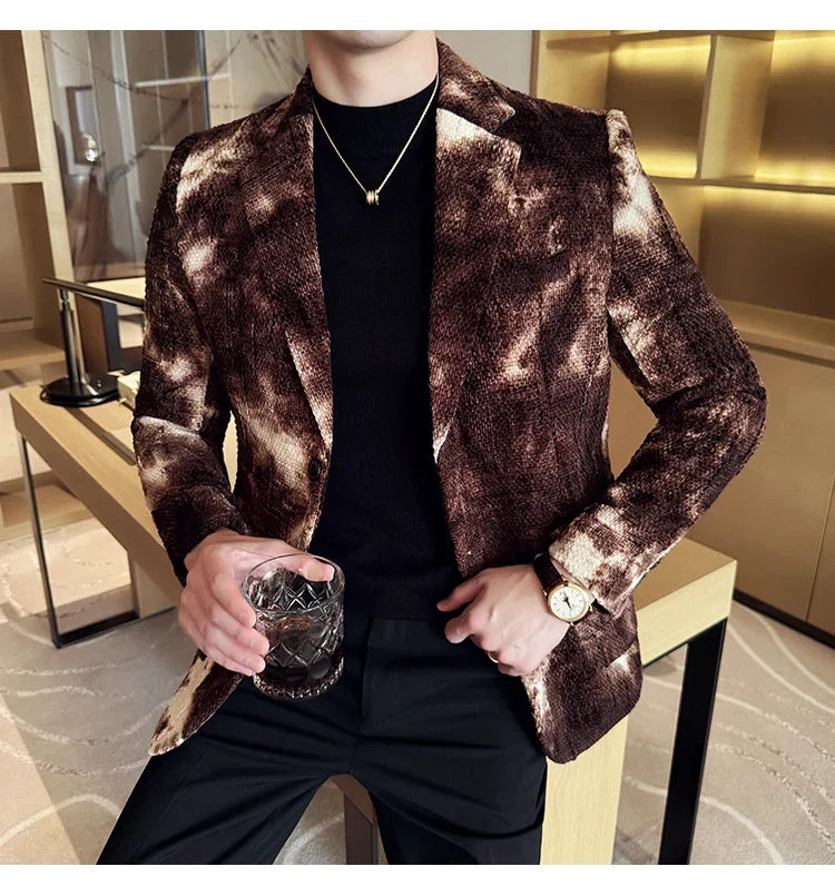 High QualityTie Dye Chenille Men Fashion Casual Suit Jacket Autumn Winter New Korean Slim Fit Social Wedding Suit Blazer