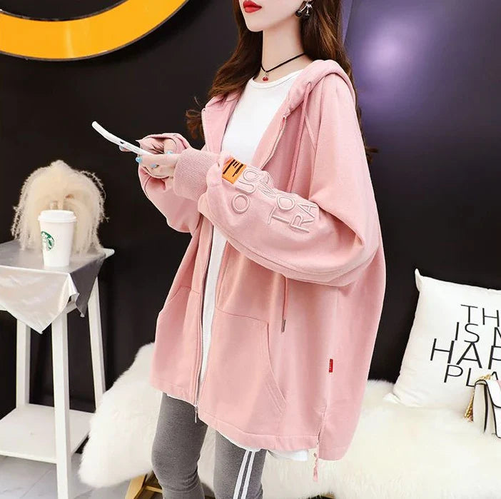with Zipper Hooded Sweatshirt for Women Full Zip Up Embroidered Woman Tops Spring and Autumn Green Hoodies Long Dropshiping Coat