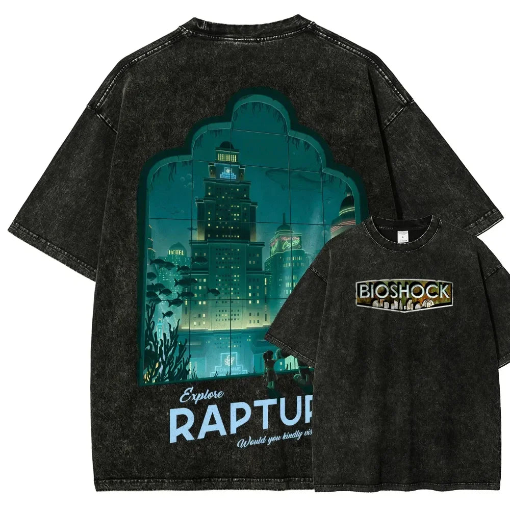 Classic Retro Shooting Game Bioshock Peripherals Graphic Print T-shirt Men Women New Harajuku Wind Tee Vintage Washed Cotton Top