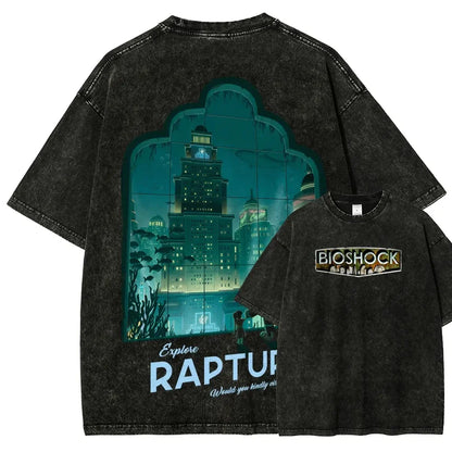 Classic Retro Shooting Game Bioshock Peripherals Graphic Print T-shirt Men Women New Harajuku Wind Tee Vintage Washed Cotton Top