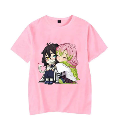 Funny Kanroji Mitsuri Iguro Obanai Cartoon Print T-Shirt Couple Casual Loose Short Sleeve Round Neck Harajuku Tops Clothing