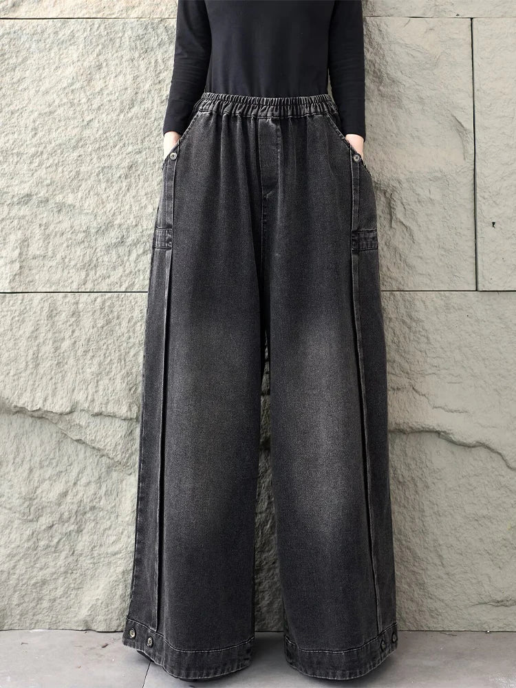 2026 Spring Fashion Classic Denim Pants Ladies Vintage Soild Casual Jeans Women Loose Elastic Waist Wide Leg Trousers