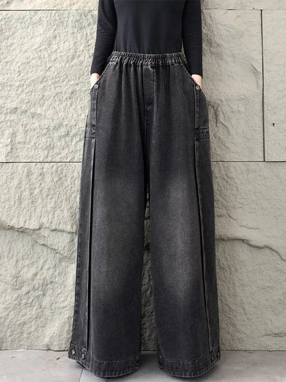 2026 Spring Fashion Classic Denim Pants Ladies Vintage Soild Casual Jeans Women Loose Elastic Waist Wide Leg Trousers