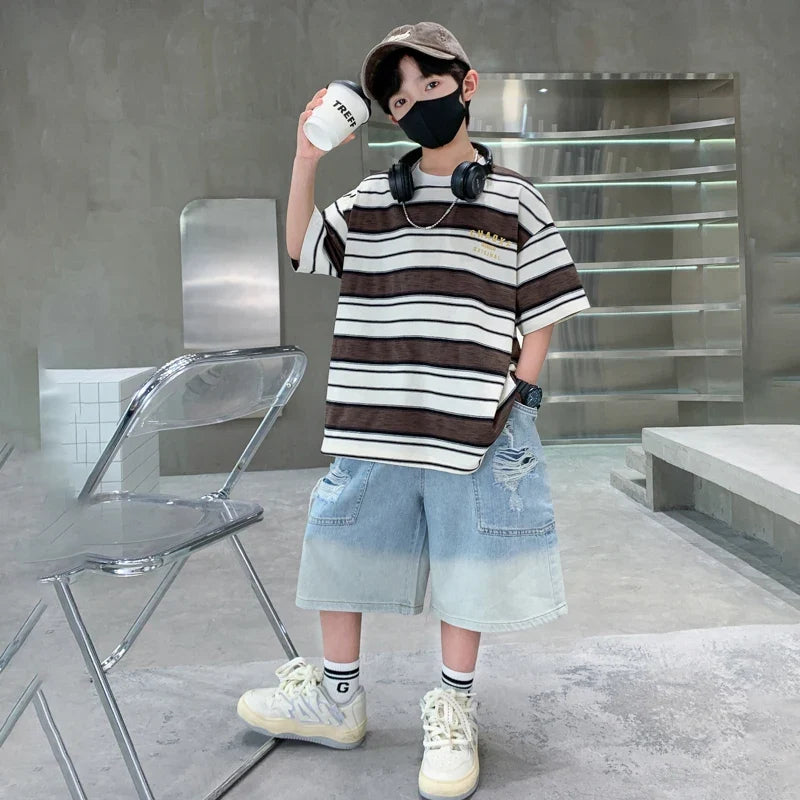 Luxury Summer Suit for Boy Short Sleeve Striped T-shirt + Denim Shorts 2 Pieces Clothing Set Kids Children Cotton Top Bottom Set