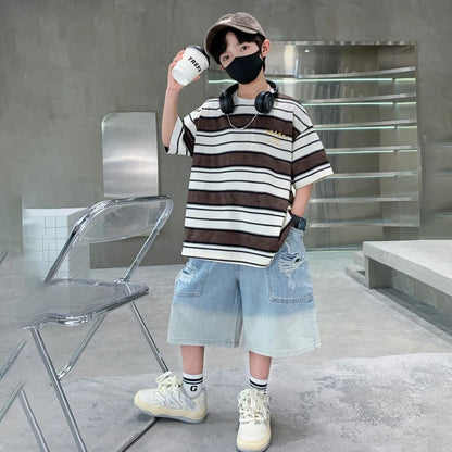 Luxury Summer Suit for Boy Short Sleeve Striped T-shirt + Denim Shorts 2 Pieces Clothing Set Kids Children Cotton Top Bottom Set