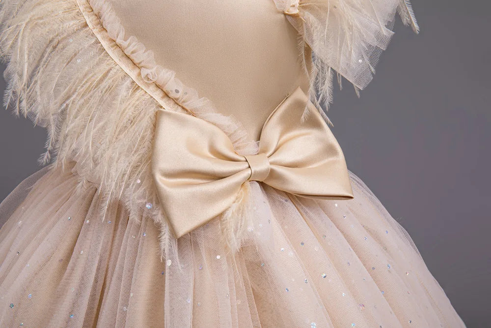 Summer Girls' New Bow Sequin Flying Sleeves Mesh Fluffy Skirt Piano Competition School Graduation Ceremony Dress