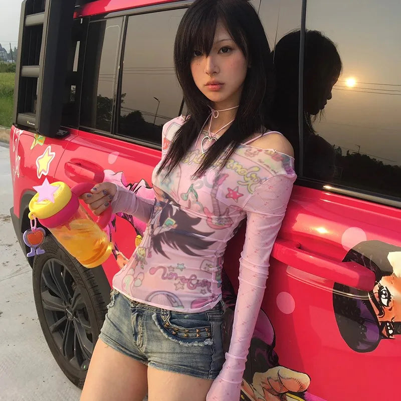 Karrram Japanese Y2k Anime Print Mesh Tops 2000s Aesthetics Pink Sheer Top Vintage Harajuku Kawaii See Through T-shirt Lolita