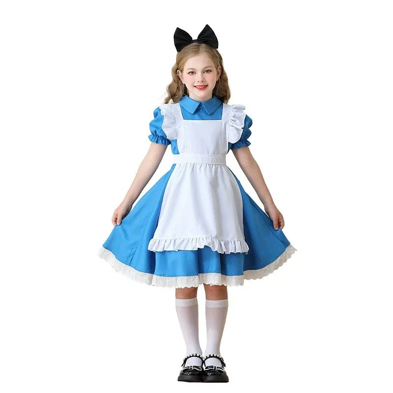 Children Blue Alice In Wonderland Halloween Costume For Kids Party Lolita Maid Dress Cosplay Fancy Carnival Costumes Girls