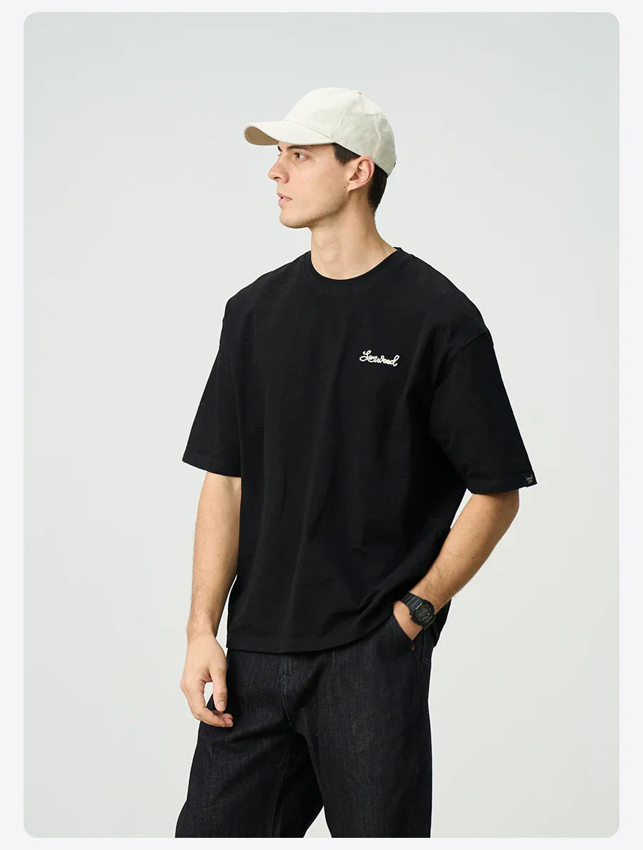 Summer New Super Loose Heavyweight 300gsm Slub Cotton T-shirts Men Letter Embroidery Tops