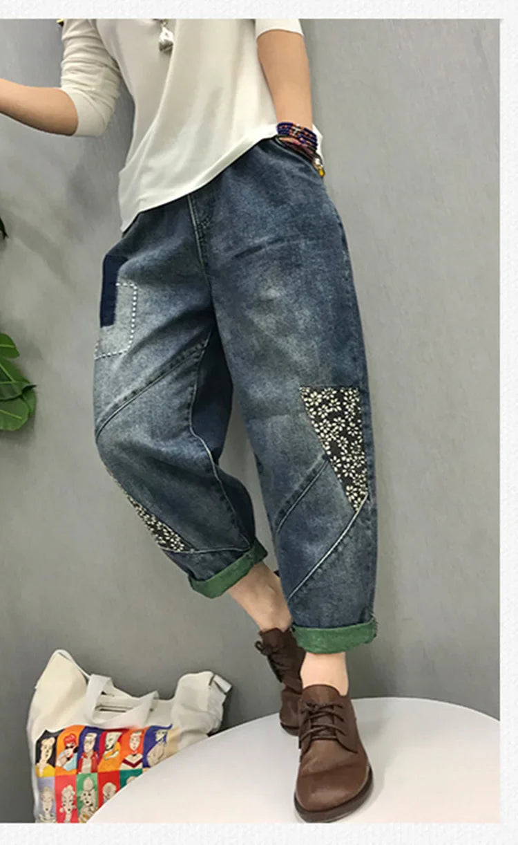 2024 Chinese Style Spring Womens Printed Patchwork Jeans Ladies Vintage Blue Denim Pants Female Casual Punk Pantalons