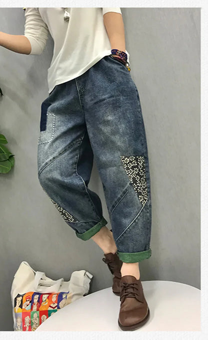 2024 Chinese Style Spring Womens Printed Patchwork Jeans Ladies Vintage Blue Denim Pants Female Casual Punk Pantalons