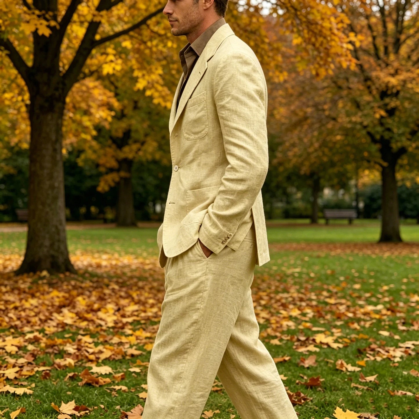 Men's Linen Suit 2 Pieces Set Casual Blazer & Wide Leg Pants Notch Lapel Breathable Wedding Business Party Jacket Tuxedo Summer