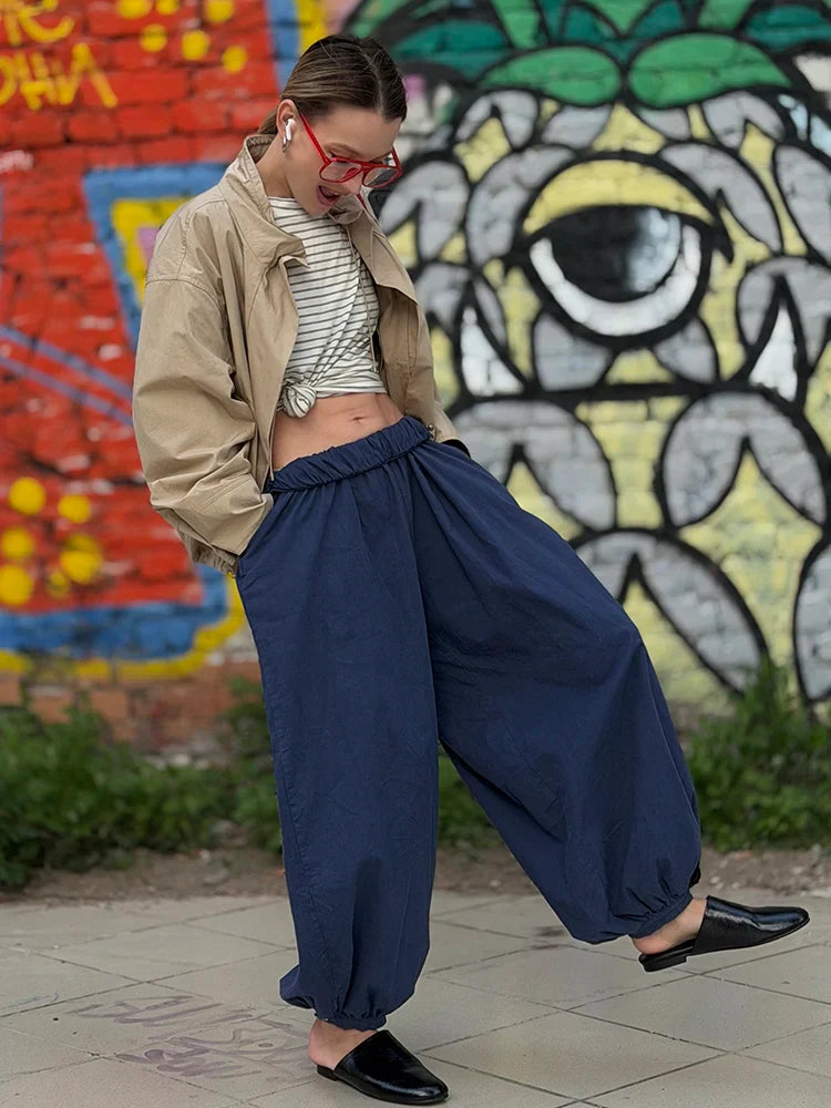 Summer Cotton Oversized Pants For Women Blue Baggy Aladdin Trousers Elastic Bloomers Navy Blue Cropped Lantern Harem Pants Woman