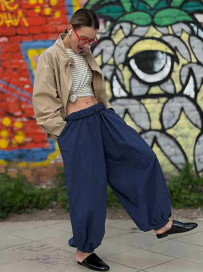 Summer Cotton Oversized Pants For Women Blue Baggy Aladdin Trousers Elastic Bloomers Navy Blue Cropped Lantern Harem Pants Woman