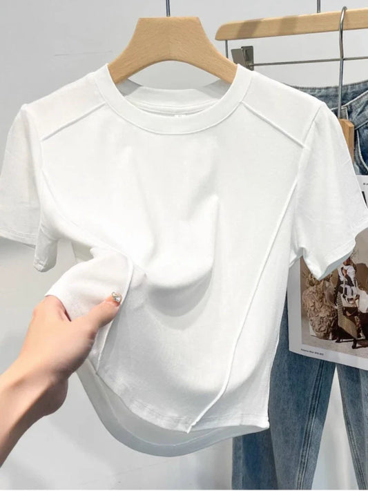 2026 Summer White T-shirt Cotton Female Short-sleeved Student Versatile Slim T-shirt Harajuku Crop Top Trend