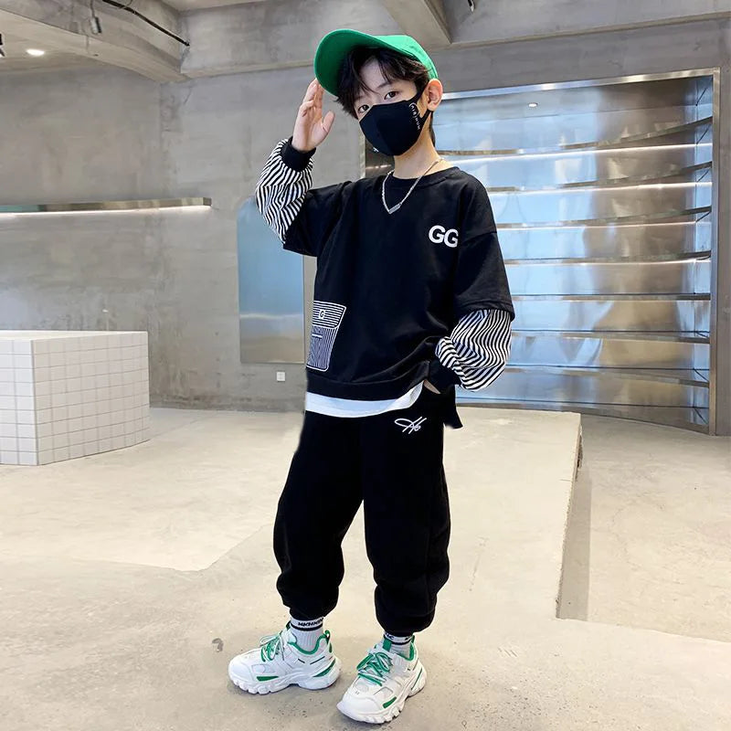 Spring Autumn Girls Boys Striped Patchwork Workout Sweatshirt+Sweatpant Set School Kid 2PCS Tracksuit Child Jogger Outfit 3-14Yr