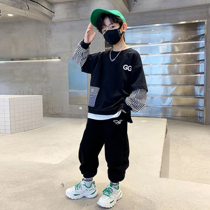 Spring Autumn Girls Boys Striped Patchwork Workout Sweatshirt+Sweatpant Set School Kid 2PCS Tracksuit Child Jogger Outfit 3-14Yr