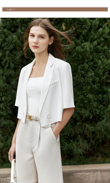 Minimalism Women's Jacket Casual Blazer 2024 Summer Shirts Office Lady Black Business Blazers Short Sleeve Tops 12322062