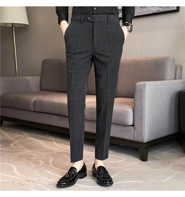 2026 High Quality Men's Plaid Striped Suit Pants Fashion Business Slim Fit Casual Straight Pants Formal Wedding Party Trousers