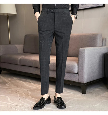 2026 High Quality Men's Plaid Striped Suit Pants Fashion Business Slim Fit Casual Straight Pants Formal Wedding Party Trousers