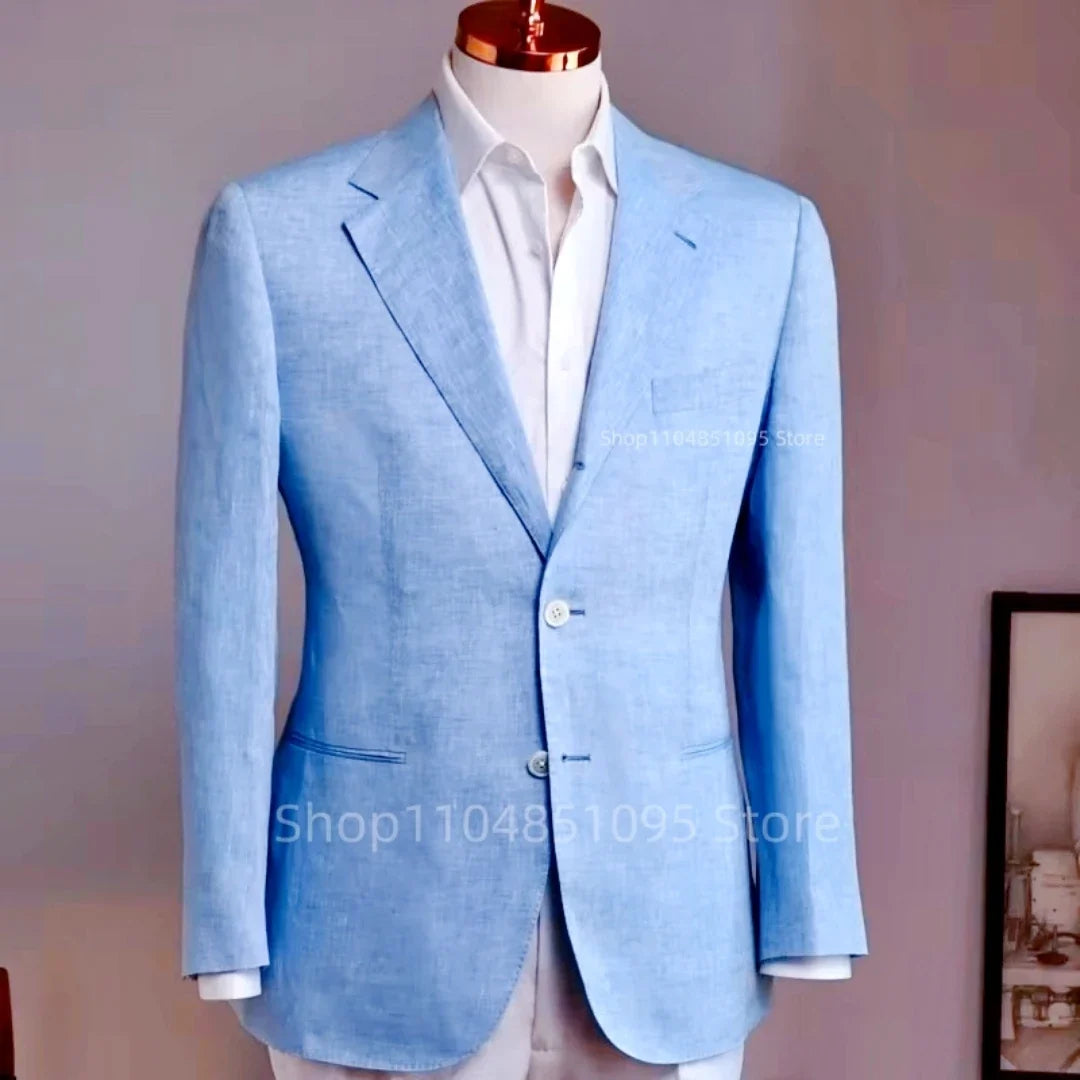(one blazer) Summer Wedding Groomsmen Slim Fit Coat Blue Linen Men's Blazers Party Prom Suit Jacket Formal Business Tops