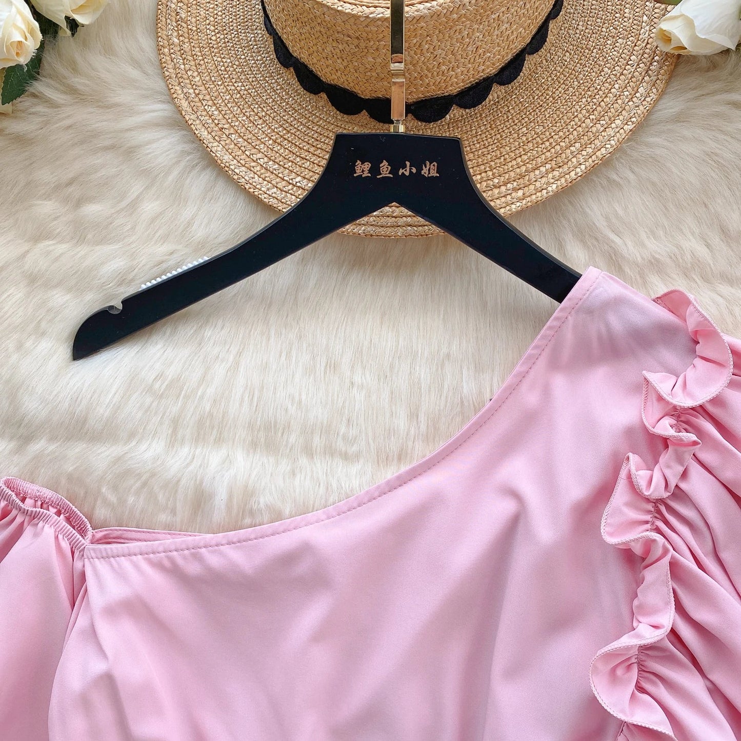 American Chic Blouse for Women Flounced Edge Skew Collar Bare Midriff Belt Skinny Shirts Summer Casual Female Tops Dropshipping