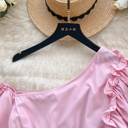 American Chic Blouse for Women Flounced Edge Skew Collar Bare Midriff Belt Skinny Shirts Summer Casual Female Tops Dropshipping
