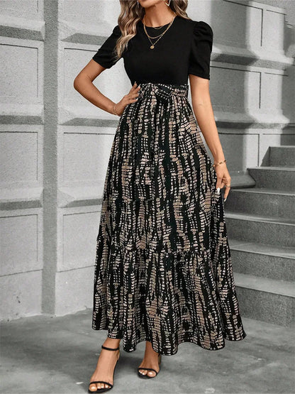 Elegant Floral Print Round Neck Long Dresses Women Short Sleeve High Waist Lace-up Office Lady Holiday Party Dresses Vestidos