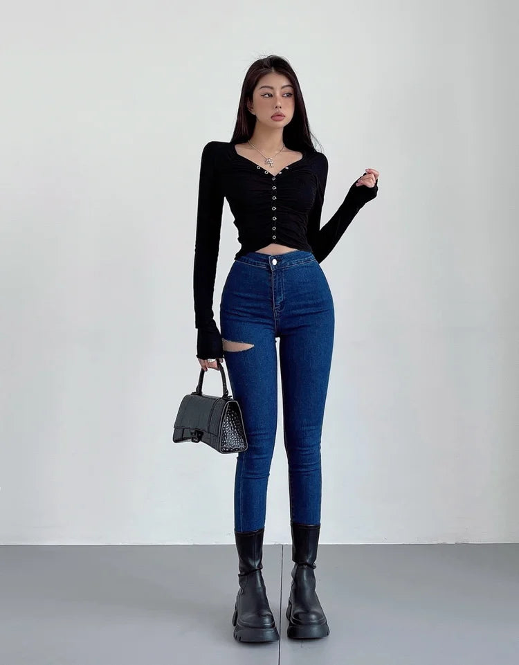 American Spicy Girls Sexy Hole Jeans Slim High Waist Elastic Feet Pencil Pants Trousers Fashion Women BOF8