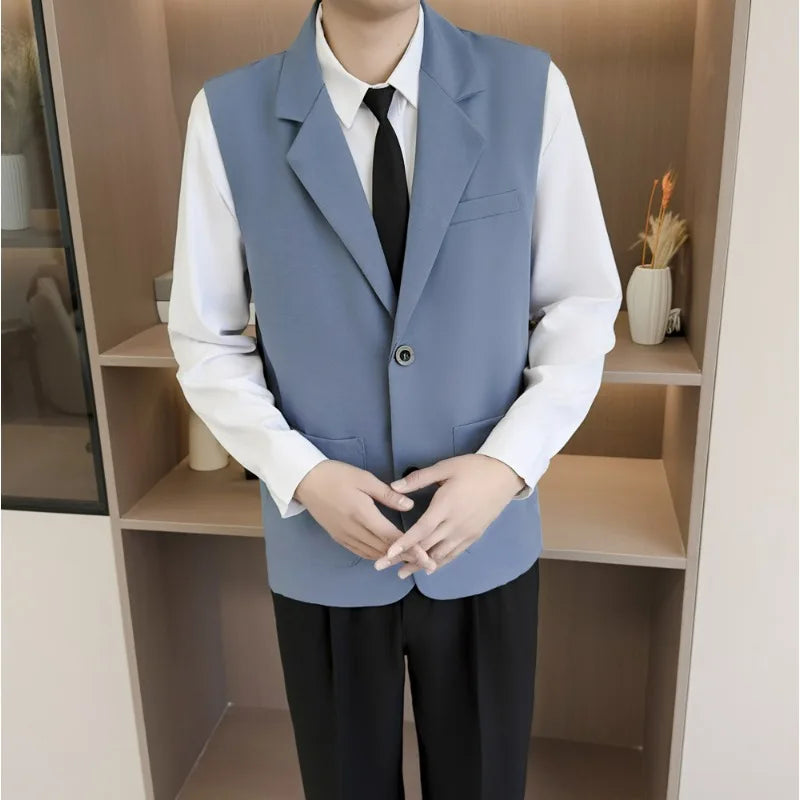 Summer Suit Vest Turn Down Collar Single-breasted Male Waist Sleeveless Pocket Versatile Business Casual Man Coat