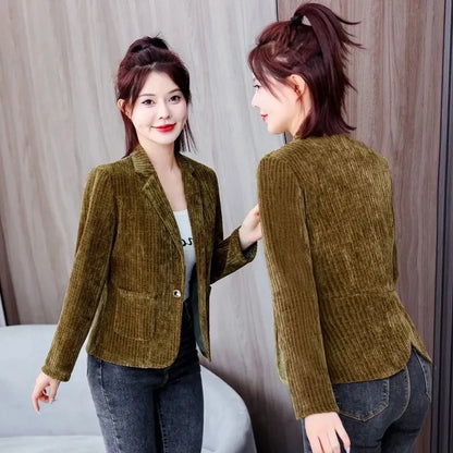New Casual Suit Jackets Spring Autumn Slim Women‘s Blazer One Button Notched Collar Solid Coat Female Short Jacket Bkack Outwear