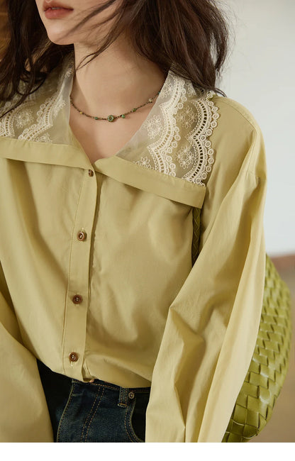 Autumn Solid Cotton Shirt Autumn V-neck Double-layer Lace Retro Design Shirts Single Breasted Tops Office Lady MXE41C2366