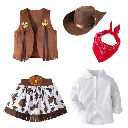 4/5 Pcs Set Girls Cowboy Role Play Skirt Clothes Vest Set Skirt Sets Kids Spring Autumn Halloween Cosplay Performance Costumes