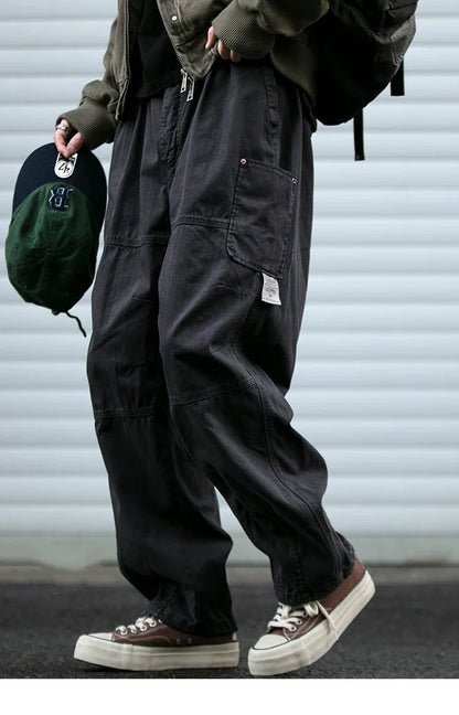 Japanese Vintage Cargo Pants Men Premium Cotton Loose Fit Straight Leg American Fashion Casual Trendy Streetwear Long Workwear