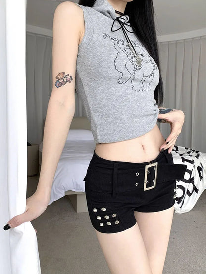 Black Sexy Hot Girl Low-Waisted Jean Shorts Woman American Retro Elastic Slim Ultrashort Jeans Gothic Y2K Rivet Denim Shorts