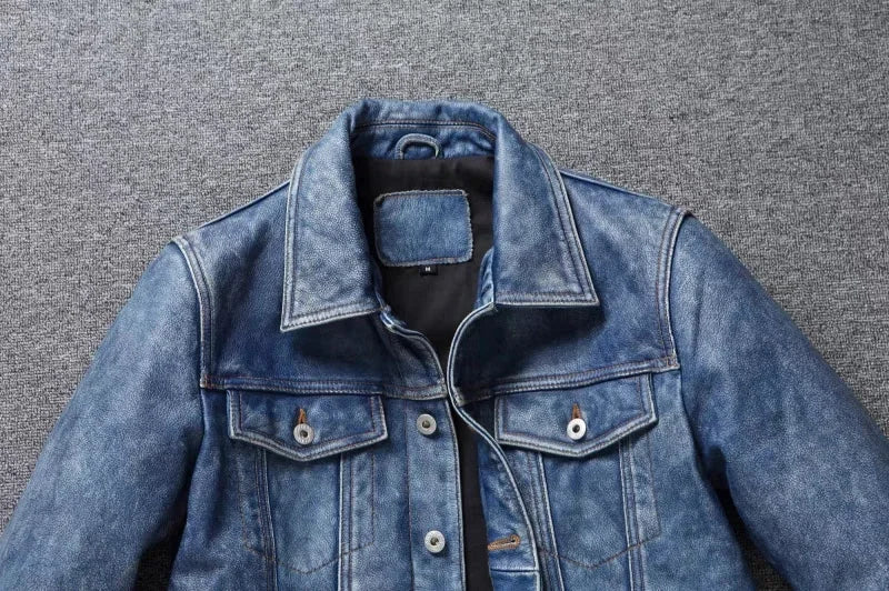 Men's Motorcycle Leather Jacket Light Blue Ami Khaki Retro Graphite Distressed Denim Genuine Leather Jacket Slim Short Jacket
