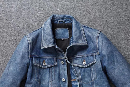 Men's Motorcycle Leather Jacket Light Blue Ami Khaki Retro Graphite Distressed Denim Genuine Leather Jacket Slim Short Jacket