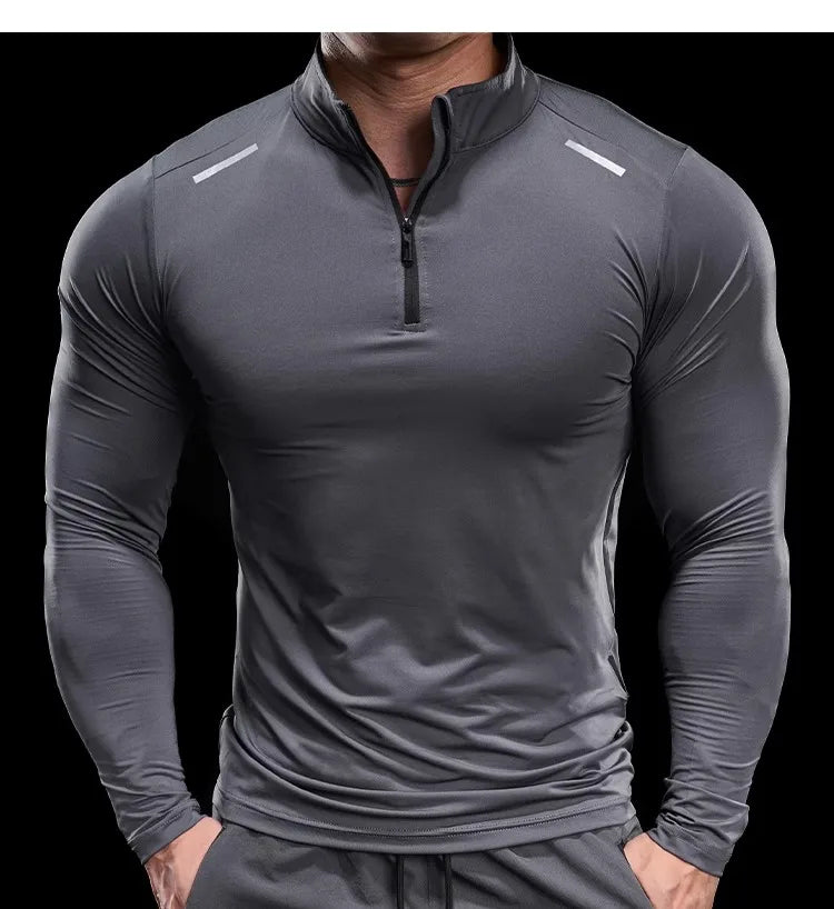 Men Long Sleeve Stand Collar Zipper T-shirt Gym Running Training Fitness Bodybuilding Sport Top Quality Elastic Tight Tops Tees
