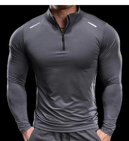 Men Long Sleeve Stand Collar Zipper T-shirt Gym Running Training Fitness Bodybuilding Sport Top Quality Elastic Tight Tops Tees