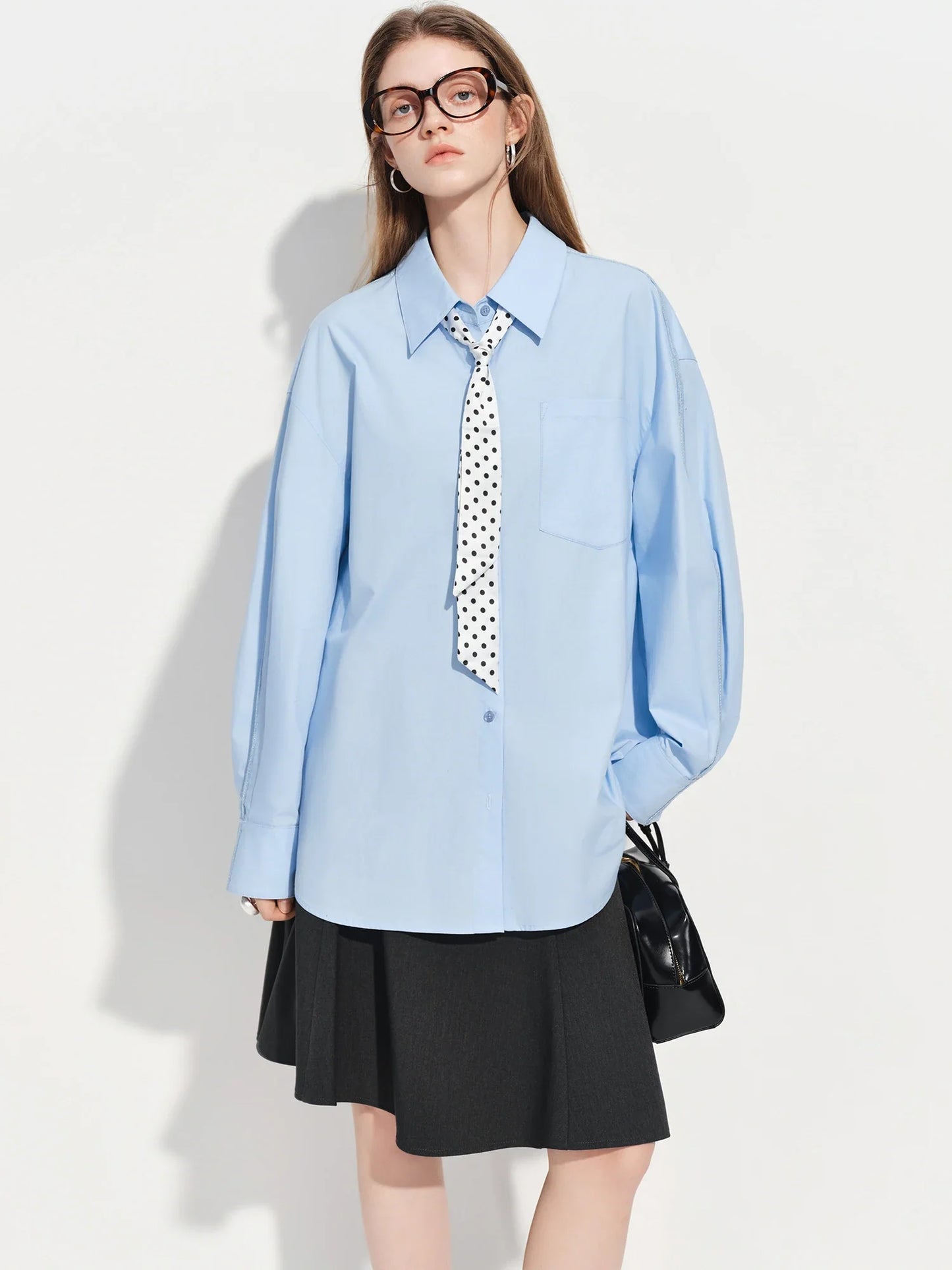 Women's French Loose Fit Cotton Shirt Long Sleeve Layering Top with Web Strap Detail Casual Oversized Blouse