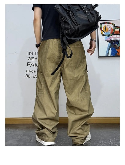 Mens American Vintage Baggy Cargo Pants Multi Pocket Distressed 100% Cotton Straight Leg Loose Fit Premium Quality Pants Trendy