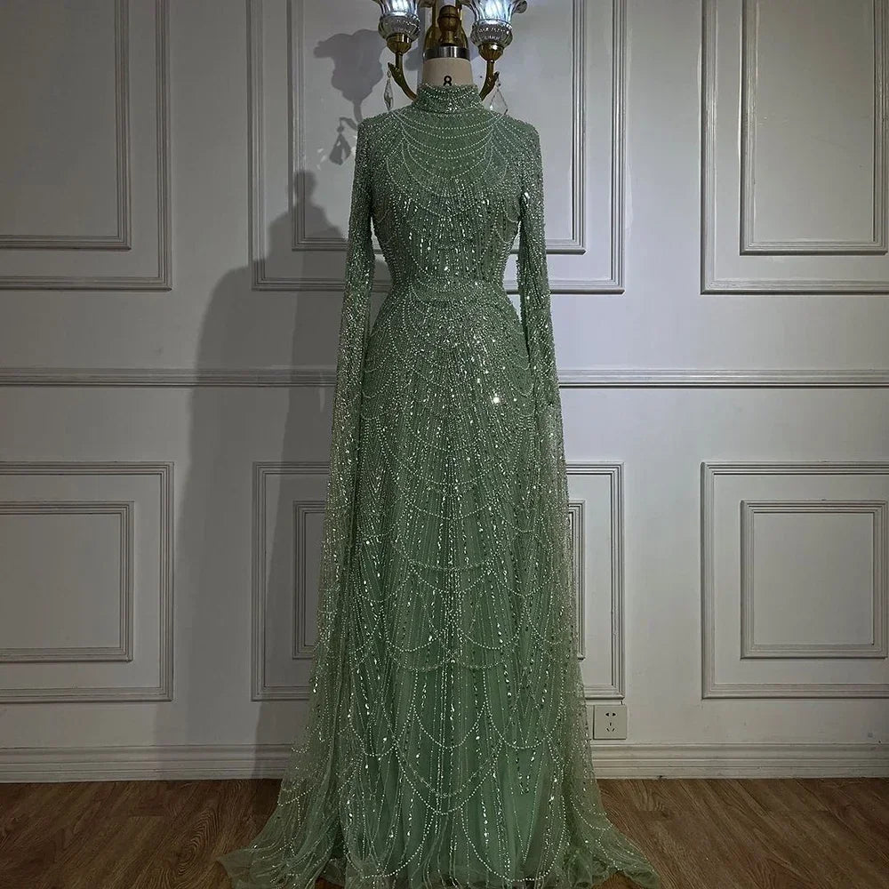 Customized 2026 Muslim Nude Mermaid Cape Sleeves Luxury Evening Gown Pearls Beaded Dress for Women's Party Prom Dresses