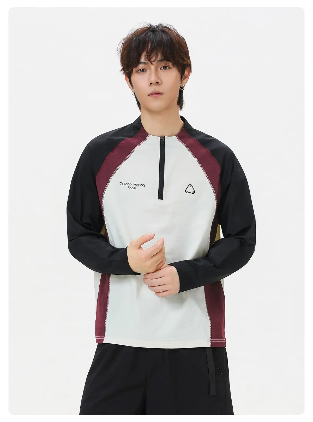 Men's Retro Colorblock Raglan Sleeve Long Sleeve T-Shirt – Loose Fit Half-Zip Athletic Top with Moisture-Wicking Fabric