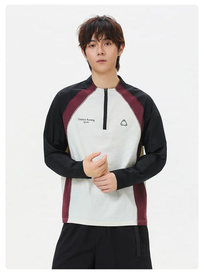 Men's Retro Colorblock Raglan Sleeve Long Sleeve T-Shirt – Loose Fit Half-Zip Athletic Top with Moisture-Wicking Fabric