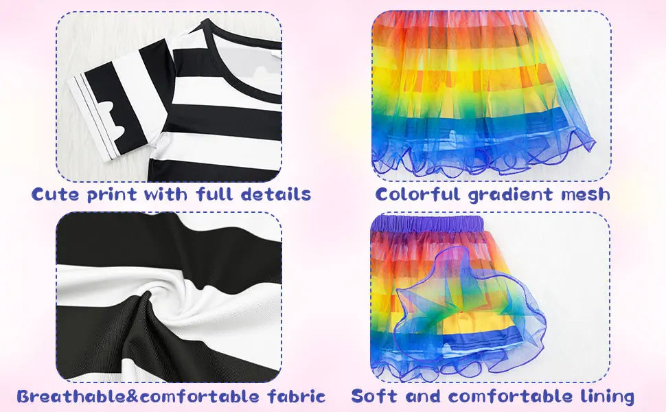 Girls Rainbow Striped T-Shirt Tutu Skirt With Cat Ears Headband Set Halloween Carnival Cosplay Costume Kids Birthday Clothing